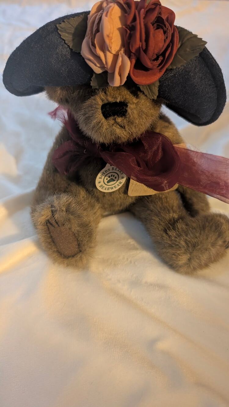 Vintage Boyds Bears Teddy Bear Plush Black Floral Hat Burgundy Bow Scarf  NWT